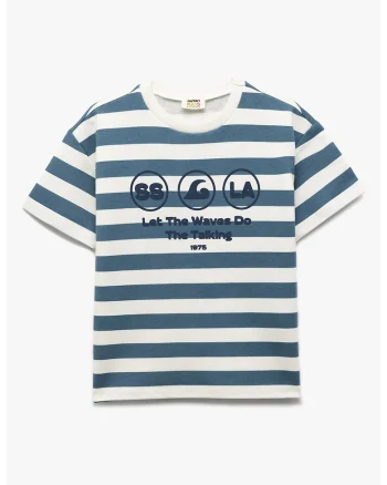 Tricou cu model in dungi si decolteu la baza gatului, Albastru inchis/Alb murdar