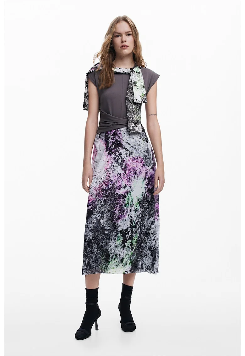 Rochie cu model 2 in 1 si maneci scurte, Violet/Verde inchis/Gri inchis