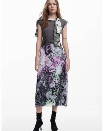 Rochie cu model 2 in 1 si maneci scurte, Violet/Verde inchis/Gri inchis