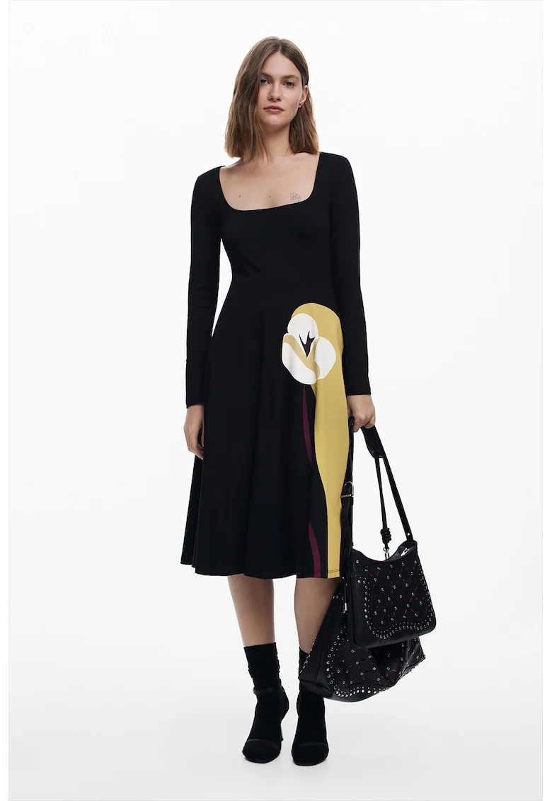 Rochie midi din amestec de bumbac cu decolteu patrat, Negru/Maro nisip