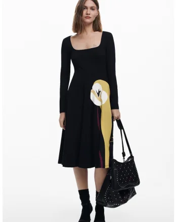 Rochie midi din amestec de bumbac cu decolteu patrat, Negru/Maro nisip