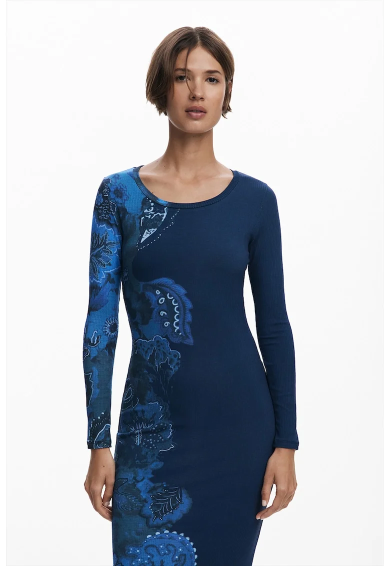 Rochie midi cambrata cu model floral, Albastru inchis/Albastru royal
