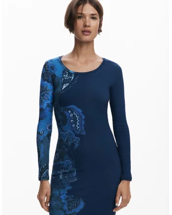 Rochie midi cambrata cu model floral, Albastru inchis/Albastru royal