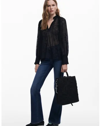 Bluza din sifon cu model floral, Negru