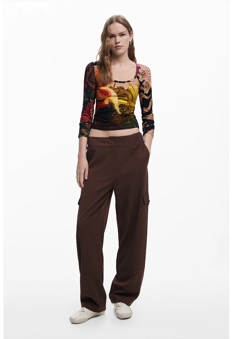 Bluza crop slim fit cu imprimeu, Rosu/Negru/Bej