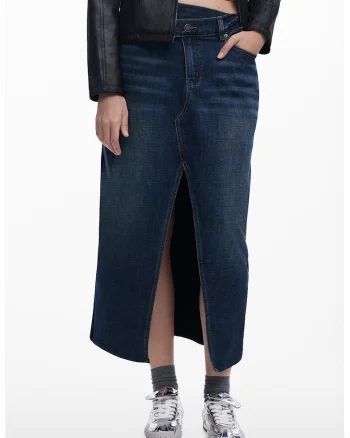 Fusta midi din denim cu sli frontal, Negru/Bleumarin