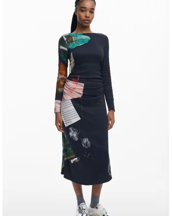 Rochie lunga cu fronseuri, Verde/Albastru ultramarin/Roz pal