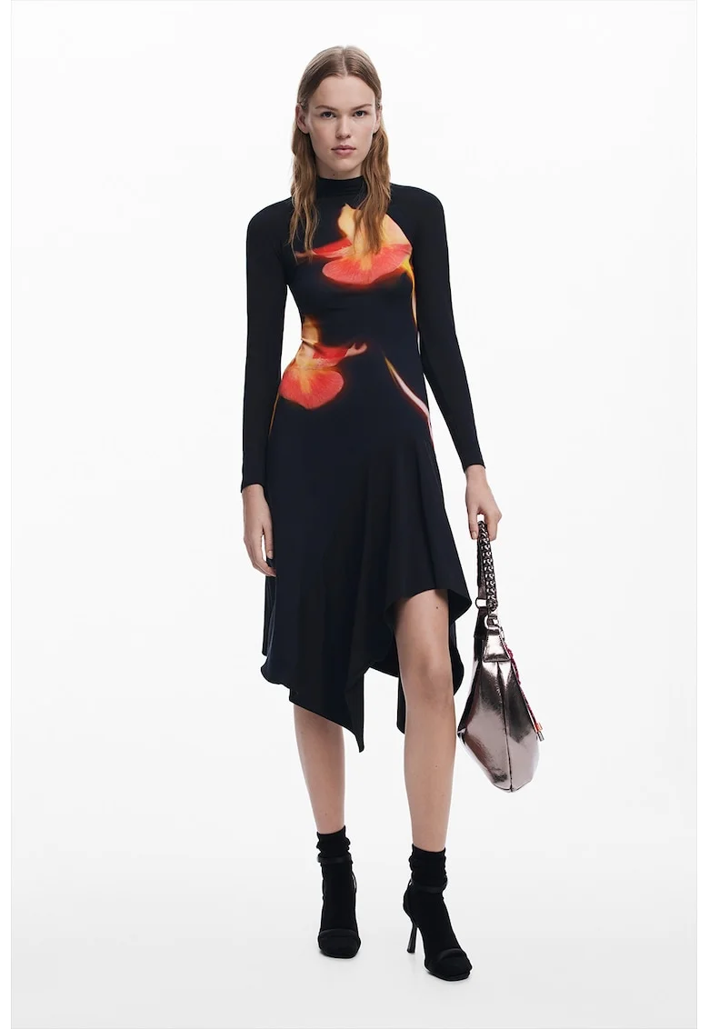 Rochie din amestec de bumbac cu terminatie asimetrica, Negru/Coral/Portocaliu pal