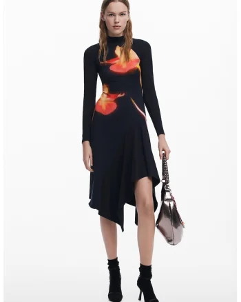 Rochie din amestec de bumbac cu terminatie asimetrica, Negru/Coral/Portocaliu pal