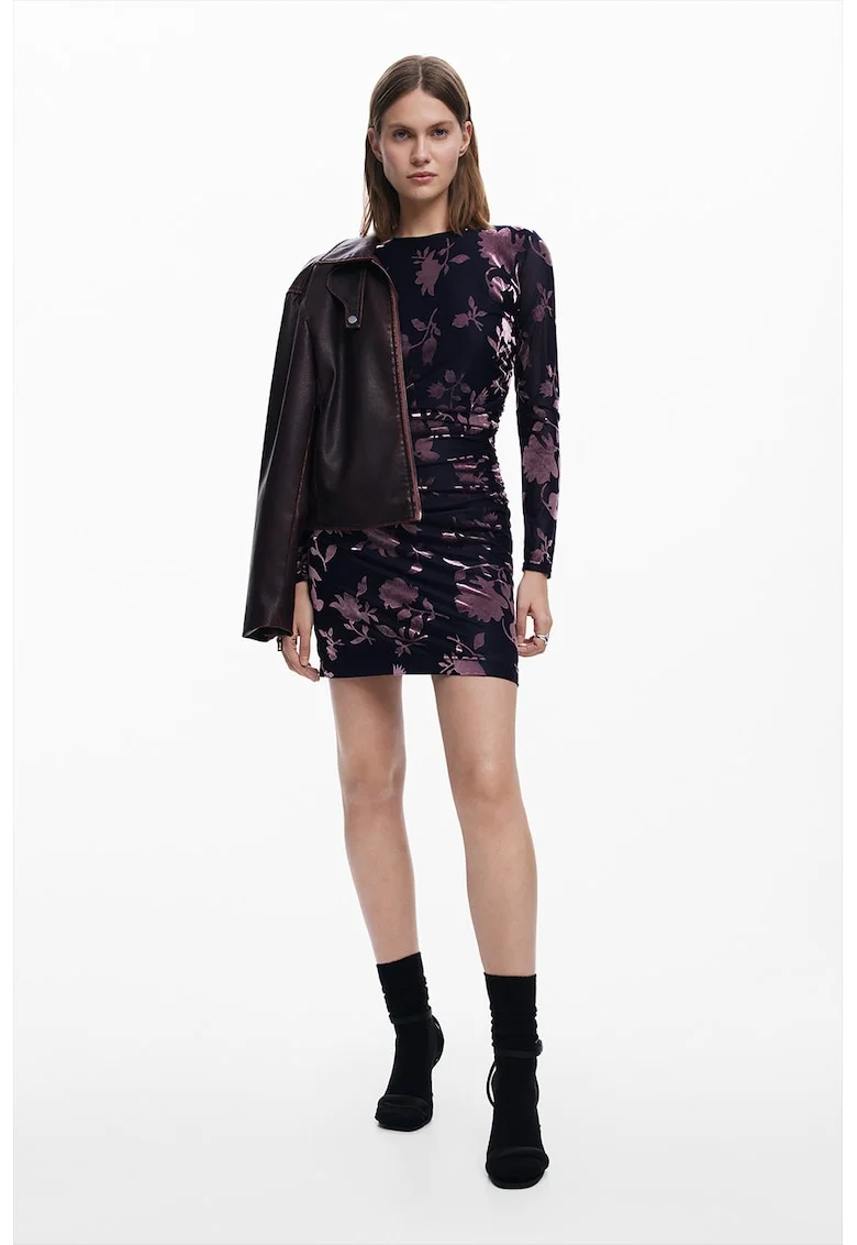 Rochie scurta cu maneci lungi si model floral, Albastru ultramarin/Violet pruna