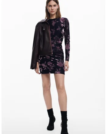 Rochie scurta cu maneci lungi si model floral, Albastru ultramarin/Violet pruna