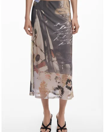 Fusta midi dreapta cu model, Maro inchis/Maro taupe