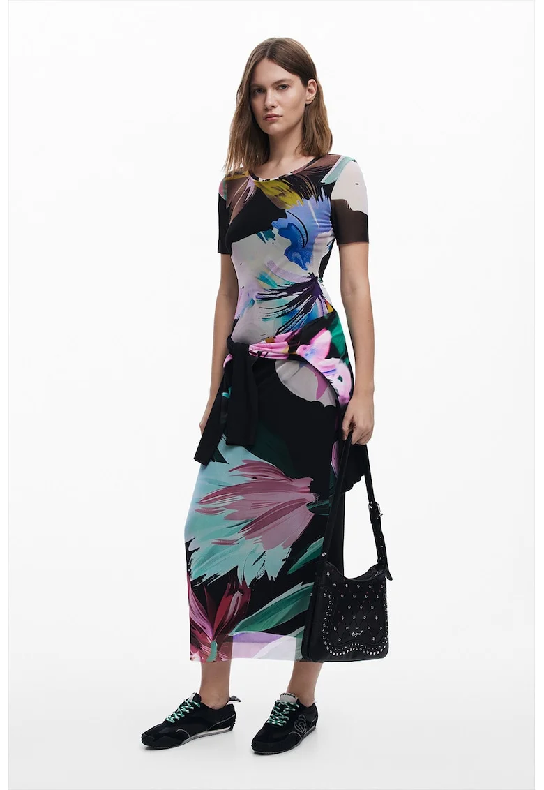 Rochie cu imprimeu floral si maneci scurte, Verde/Negru/Albastru glaciar