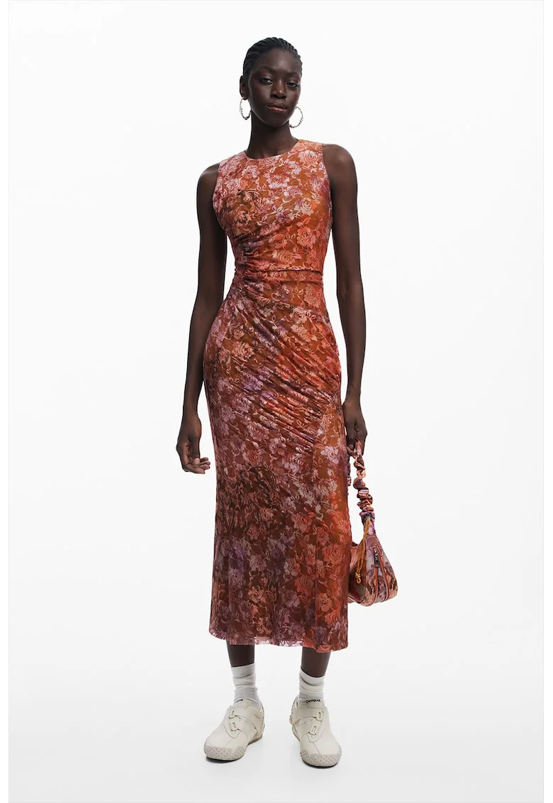Rochie midi fara maneci cu model floral, Portocaliu/Maro scortisoara