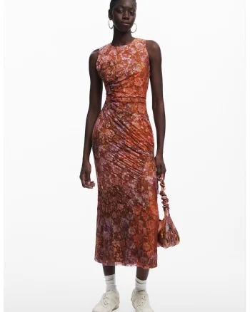 Rochie midi fara maneci cu model floral, Portocaliu/Maro scortisoara