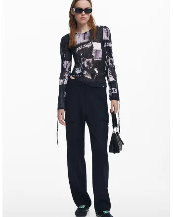 Bluza plisata din sifon, Negru/Gri