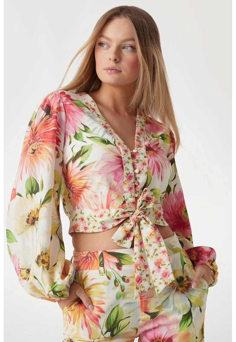 Camasa crop cu model floral, Multicolor