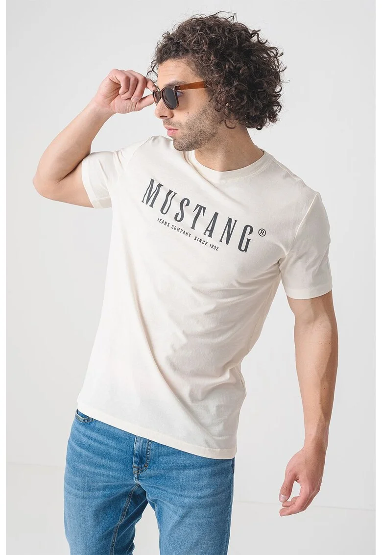 Tricou cu decolteu la baza gatului si logo, Negru/Alb murdar