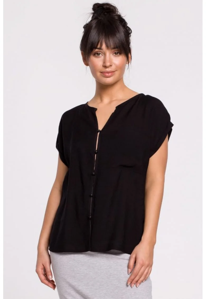 Bluza cu maneci scurte, cu nasturi,  Negru