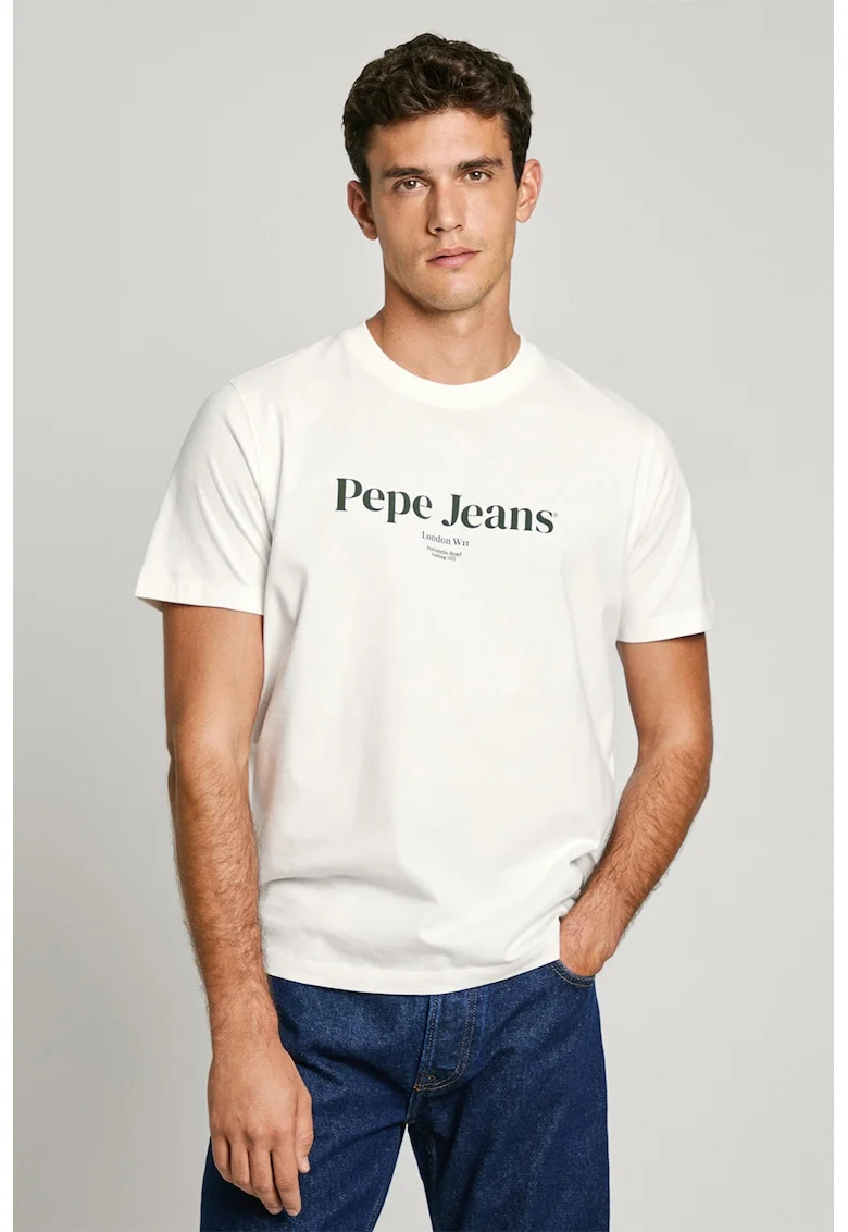 Tricou din bumbac cu imprimeu logo, Negru stins/Alb murdar