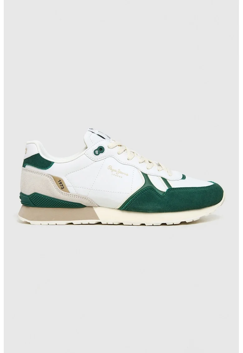 Pantofi sport cu insertii de piele intoarsa, Alb/Verde englez