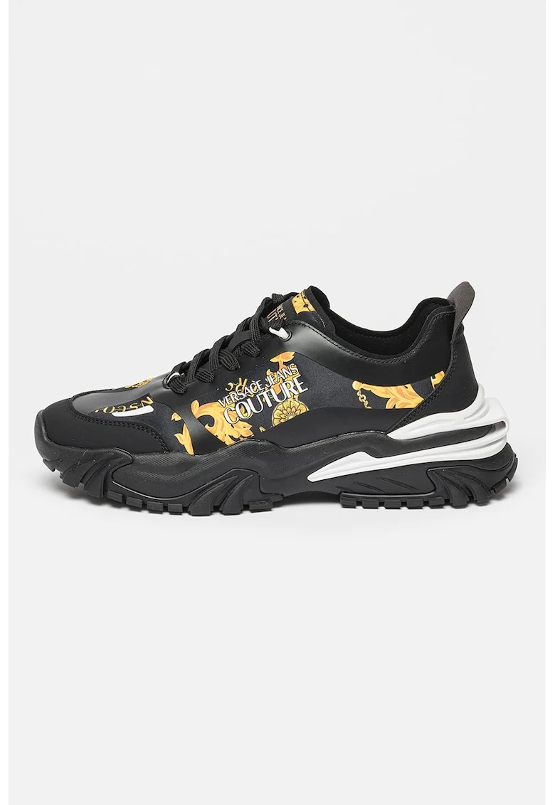 Pantofi sport cu model si garnituri de piele ecologica, Alb/Negru/Galben
