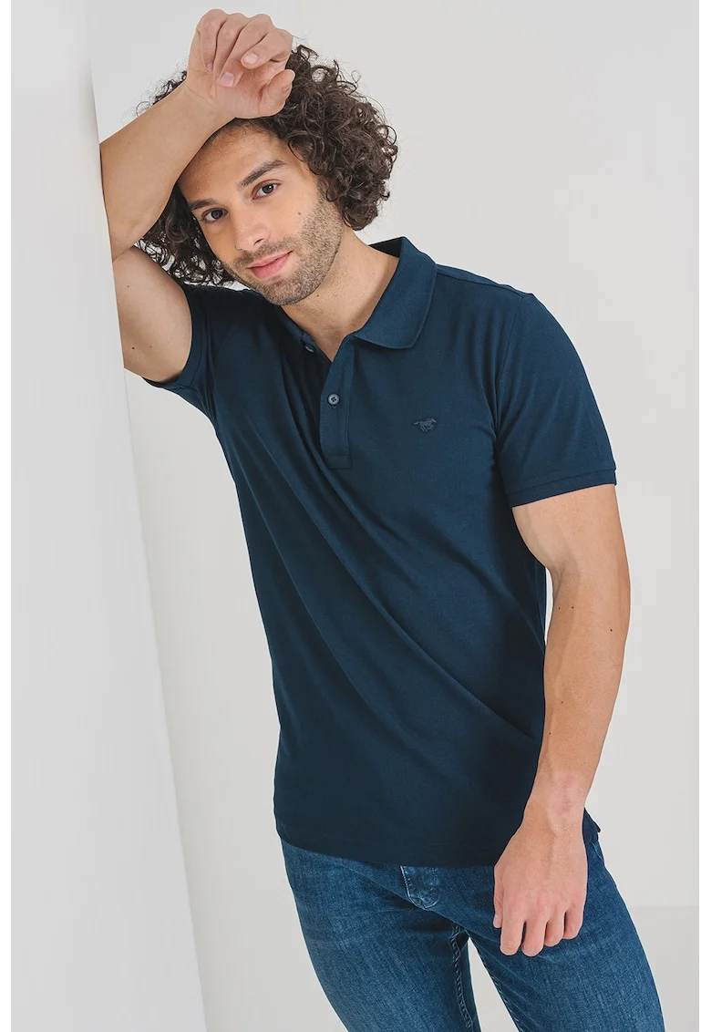 Tricou polo de bumbac cu logo brodat mic, Albastru ultramarin