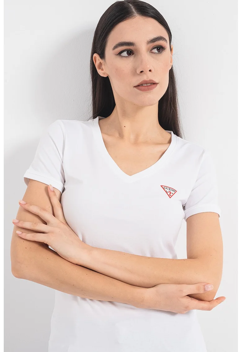 Tricou slim fit cu decolteu in V, Alb