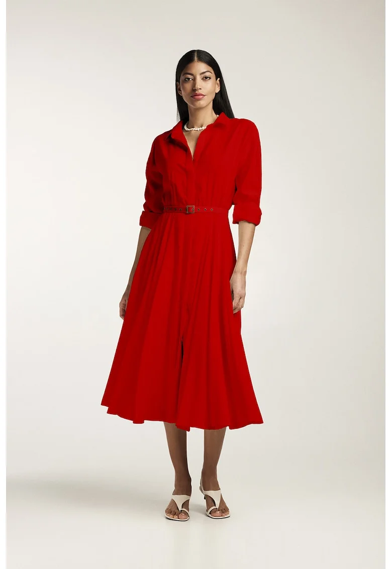 Rochie-camasa midi cu pliuri si o curea, Rosu vermillion