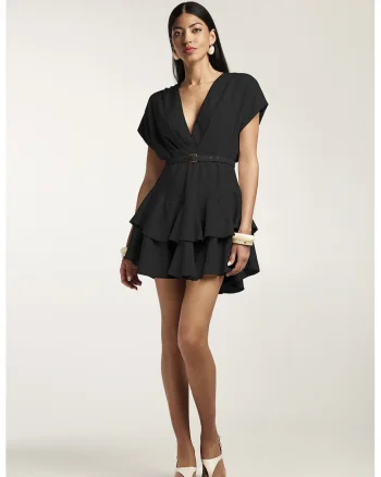 Rochie mini din amestec de bambus cu volane si curea