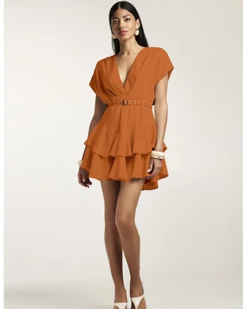 Rochie mini din amestec de bambus cu volane si curea