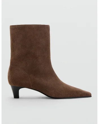 Botine din piele intoarsa cu varf patrat, Maro