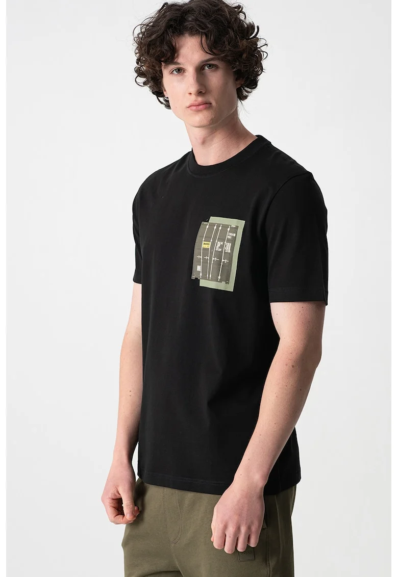 Tricou cu decolteu la baza gatului si imprimeu grafic pe piept, Negru/Alb murdar/Verde feriga