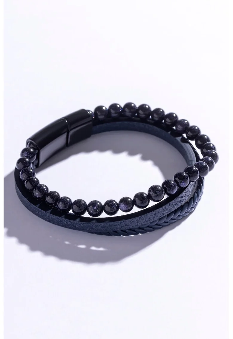 Bratara de piele ecologica cu siraguri multiple si pietre decorative, Negru