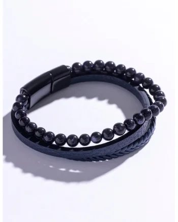 Bratara de piele ecologica cu siraguri multiple si pietre decorative, Negru