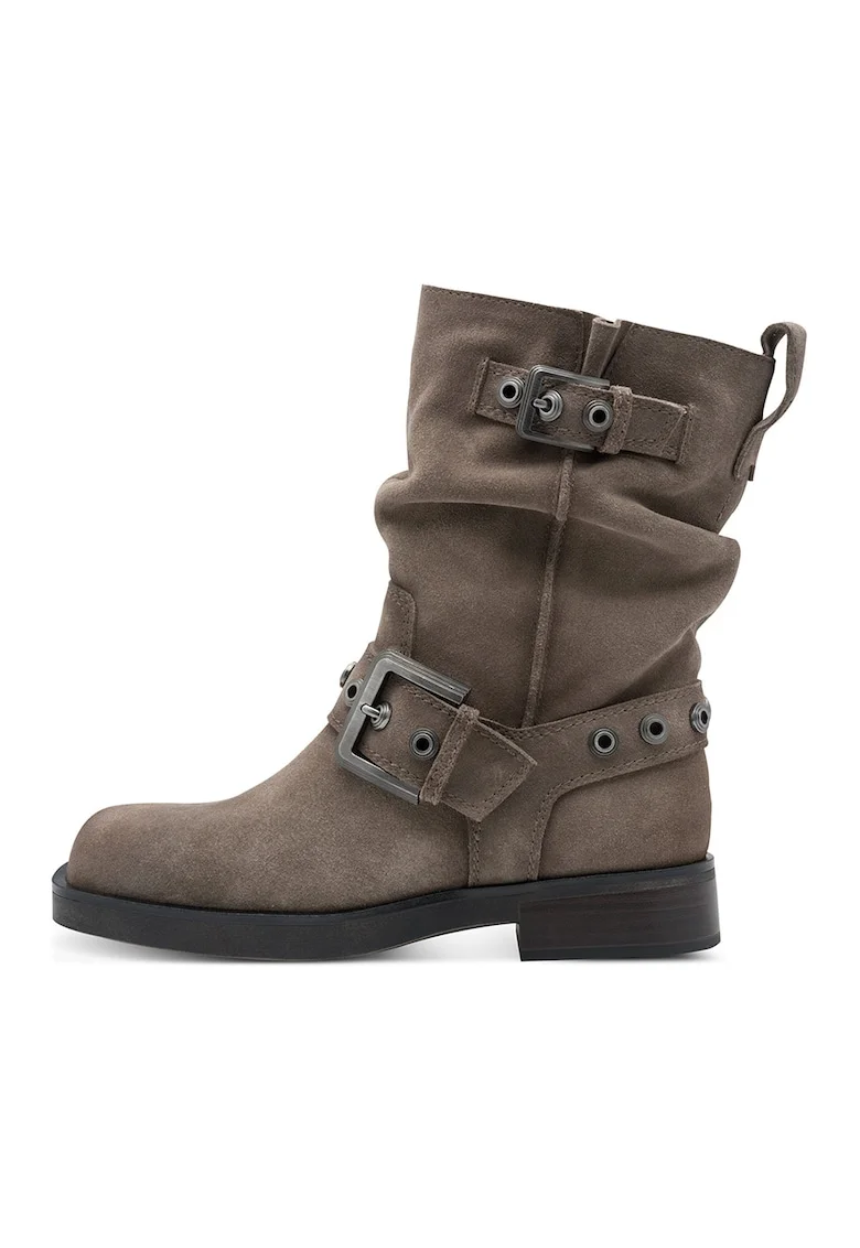 Ghete de piele cu bareta decorativa cu catarama, Maro taupe