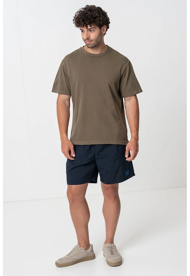 Tricou din bumbac cu decolteu la baza gatului, Kaki inchis