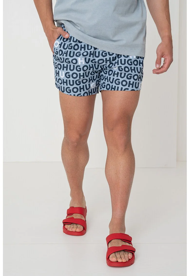 Pantaloni scurti de baie cu model logo, Albastru lavanda/Alb murdar/Bleumarin