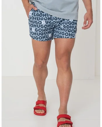 Pantaloni scurti de baie cu model logo, Albastru lavanda/Alb murdar/Bleumarin