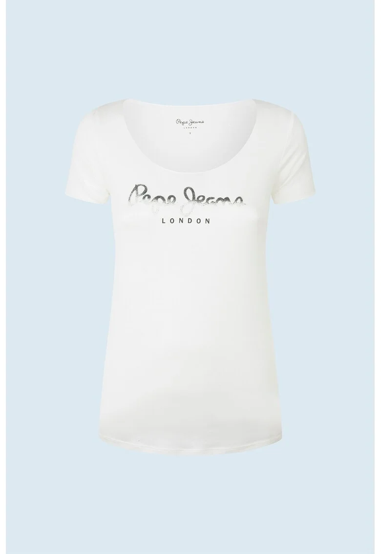 Tricou cu decolteu rotund si logo, Alb/Negru