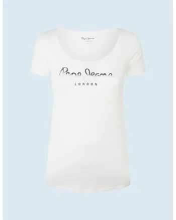Tricou cu decolteu rotund si logo, Alb/Negru