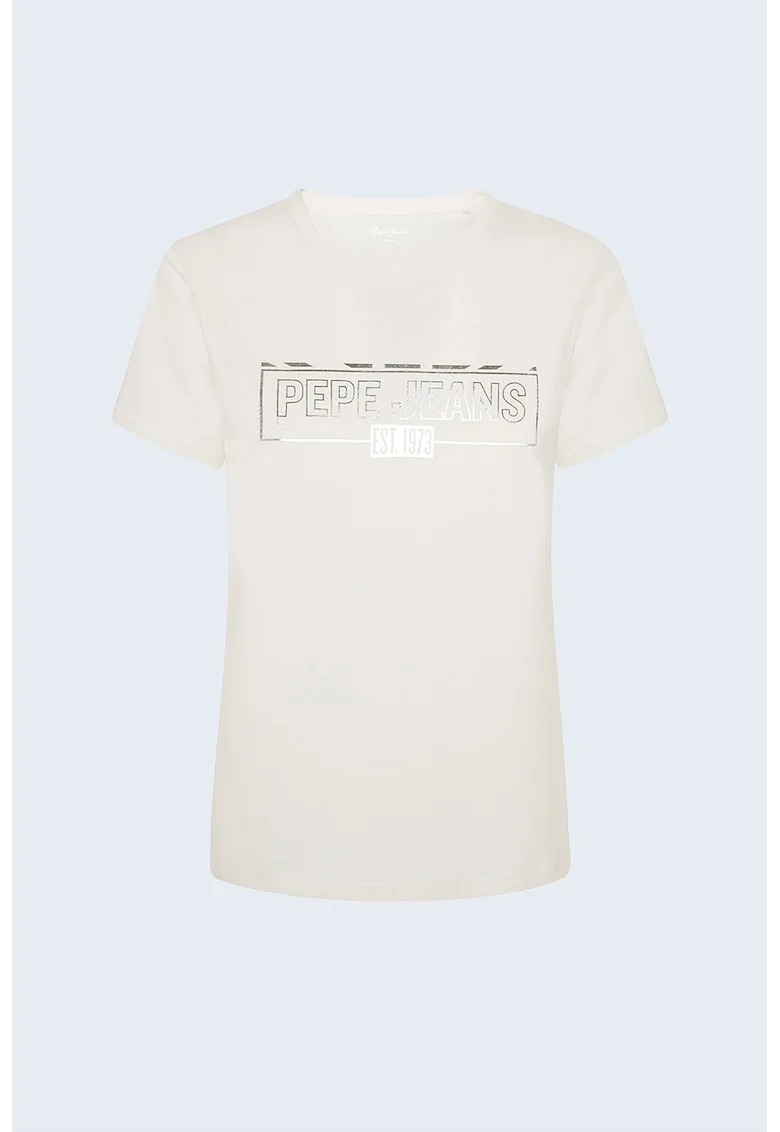 Tricou din amestec de bumbac, cu logo metalizat, Crem/Argintiu