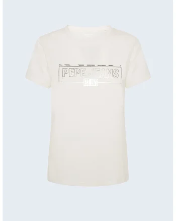 Tricou din amestec de bumbac, cu logo metalizat, Crem/Argintiu