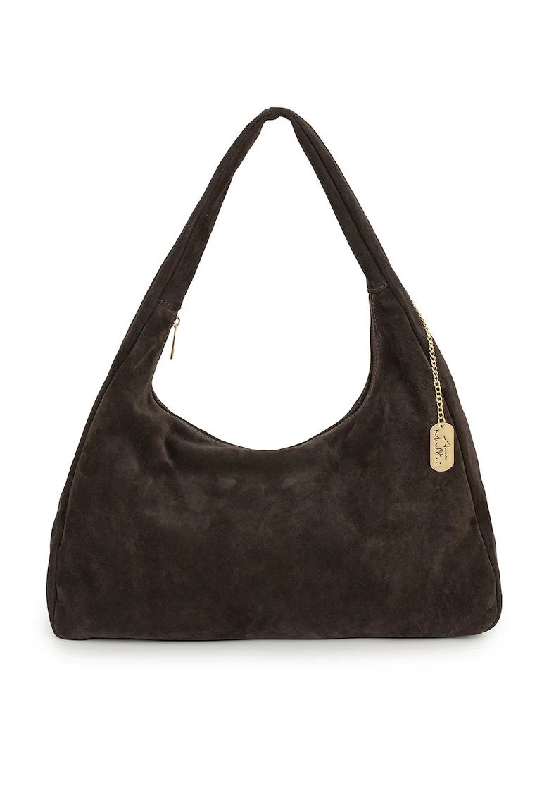 Geanta hobo din piele intoarsa cu accesoriu logo, Maro inchis