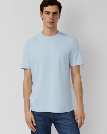 Tricou barbati la baza gatului, din bumbac, Regular fit, Albastru deschis