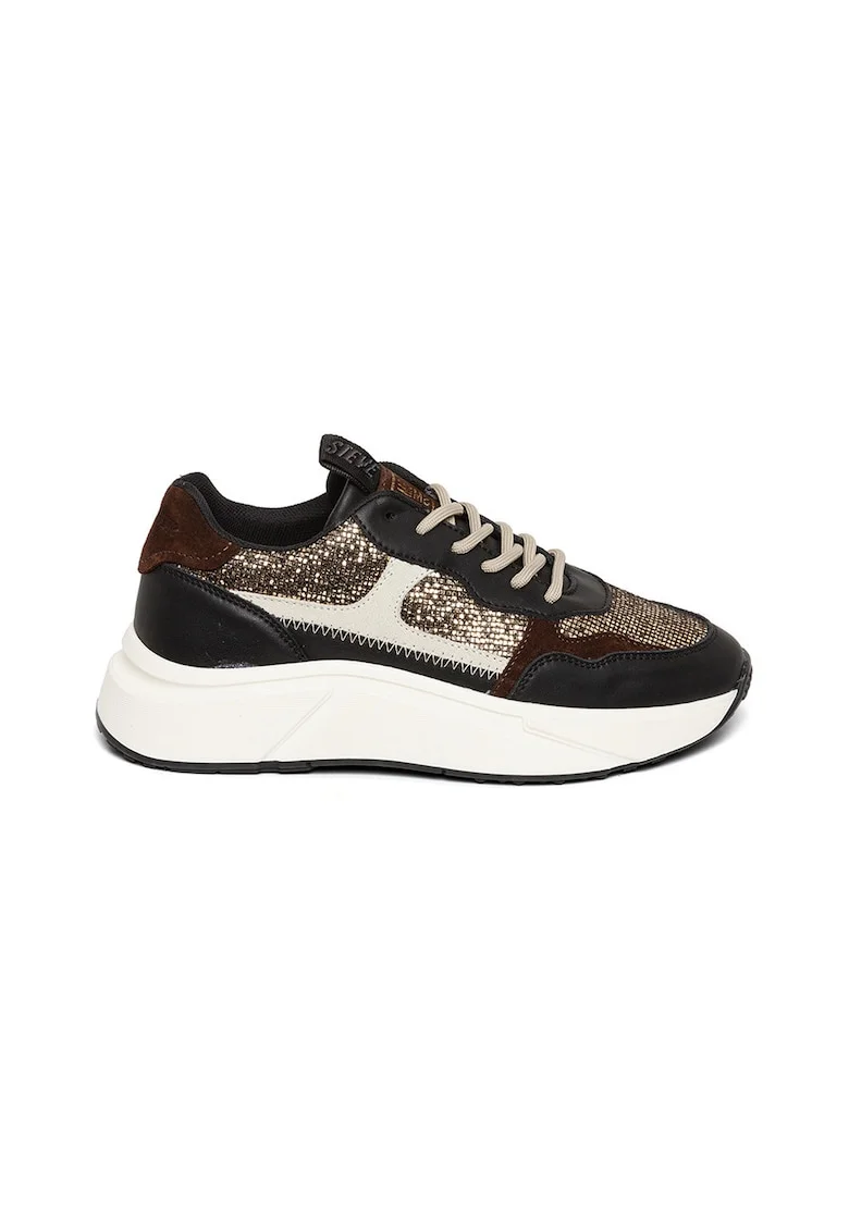 Pantofi sport wedge de piele ecologica, Auriu/Negru/Maro