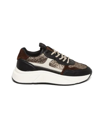 Pantofi sport wedge de piele ecologica, Auriu/Negru/Maro
