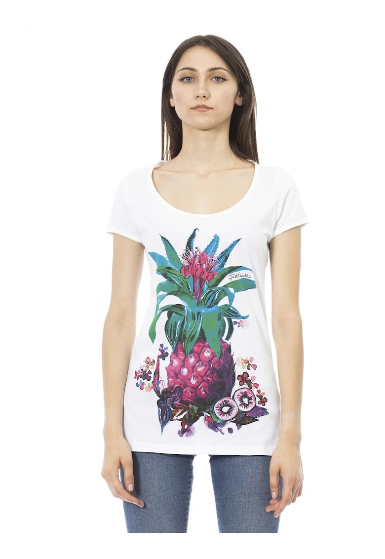 Tricou din bumbac cu decolteu rotund, Alb/Fucsia