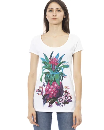 Tricou din bumbac cu decolteu rotund, Alb/Fucsia