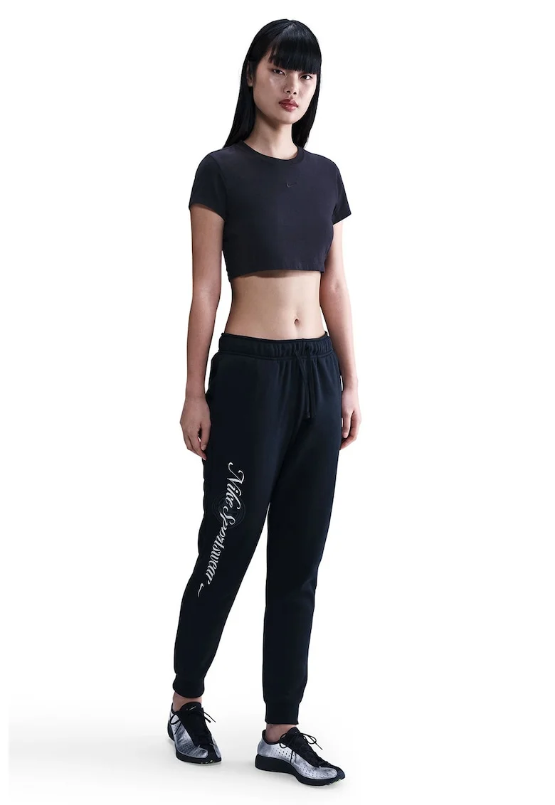 Pantaloni de trening cu imprimeu text si talie medie, Alb/Bleumarin